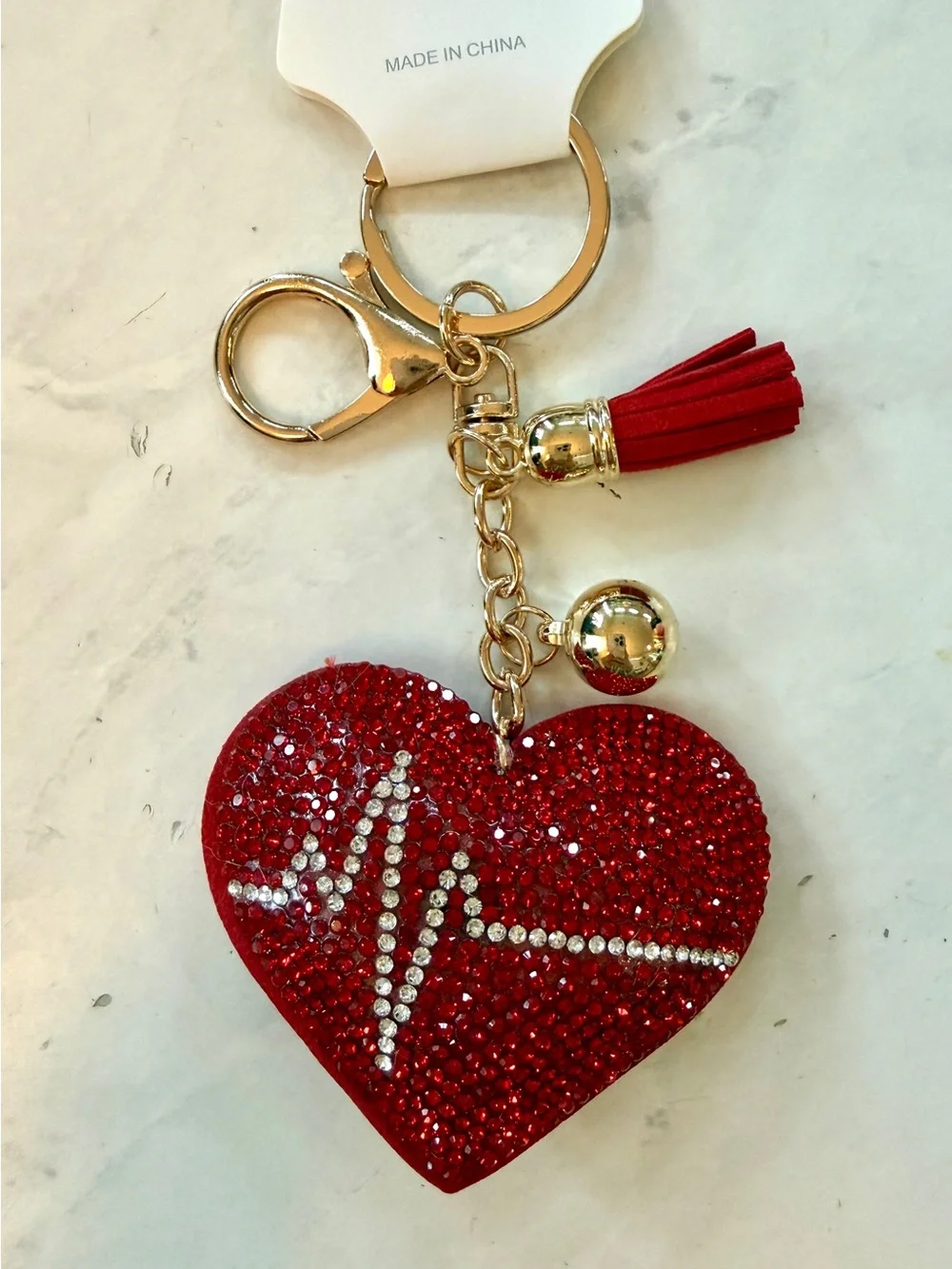 ✨ New Bling Rhinestone Heart EKG Lifeline Keychain Bag Charm with Tassel ✨